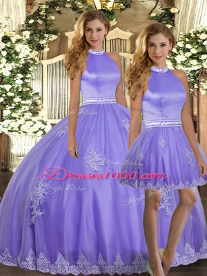 Lavender Tulle Backless Halter Top Sleeveless Floor Length Sweet 16 Dress Appliques