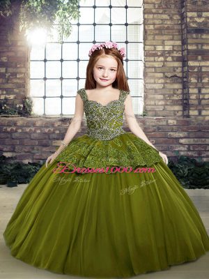 Floor Length Olive Green Little Girls Pageant Dress Wholesale Straps Sleeveless Lace Up