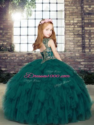 Fashionable Sleeveless Floor Length Beading Lace Up Child Pageant Dress with Fuchsia