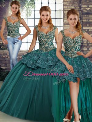 Pretty Floor Length Lace Up 15 Quinceanera Dress Green for Military Ball and Sweet 16 and Quinceanera with Beading and Appliques