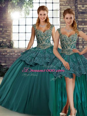 Pretty Floor Length Lace Up 15 Quinceanera Dress Green for Military Ball and Sweet 16 and Quinceanera with Beading and Appliques