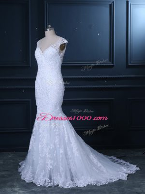 Flare V-neck Sleeveless Wedding Dress Brush Train Beading and Lace White Tulle