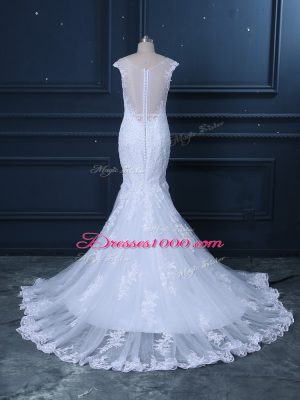 Flare V-neck Sleeveless Wedding Dress Brush Train Beading and Lace White Tulle