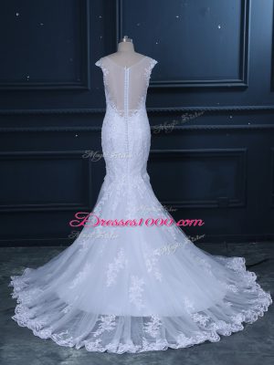 Flare V-neck Sleeveless Wedding Dress Brush Train Beading and Lace White Tulle