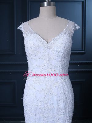 Flare V-neck Sleeveless Wedding Dress Brush Train Beading and Lace White Tulle