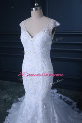 Flare V-neck Sleeveless Wedding Dress Brush Train Beading and Lace White Tulle