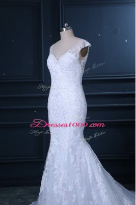 Flare V-neck Sleeveless Wedding Dress Brush Train Beading and Lace White Tulle