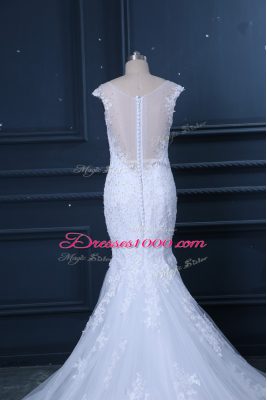 Flare V-neck Sleeveless Wedding Dress Brush Train Beading and Lace White Tulle