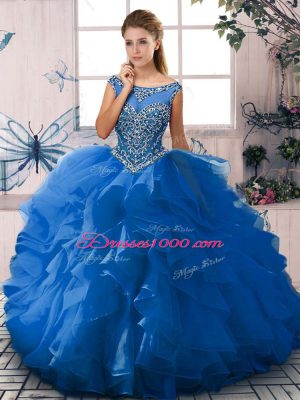 Enchanting Organza Scoop Sleeveless Zipper Beading and Ruffles 15th Birthday Dress in Blue