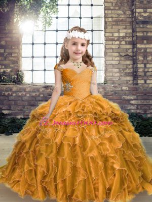 Ball Gowns Pageant Dress for Teens Gold Straps Organza Sleeveless Floor Length Lace Up