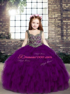 Affordable Purple Straps Lace Up Beading and Ruffles Little Girls Pageant Dress Wholesale Sleeveless