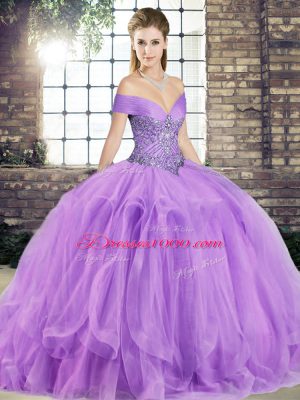 New Style Off The Shoulder Sleeveless Sweet 16 Quinceanera Dress Floor Length Beading and Ruffles Lavender Tulle