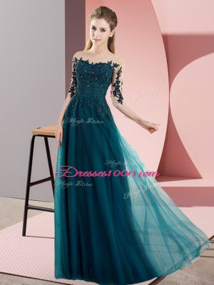 Floor Length Lace Up Quinceanera Dama Dress Peacock Green for Wedding Party with Beading and Lace