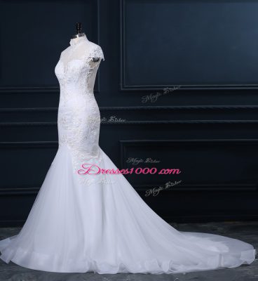 White High-neck Clasp Handle Lace Bridal Gown Court Train Cap Sleeves