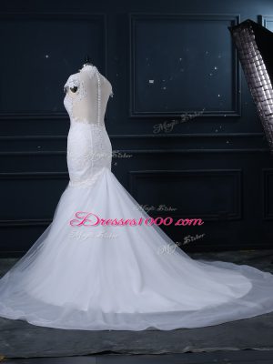 White High-neck Clasp Handle Lace Bridal Gown Court Train Cap Sleeves