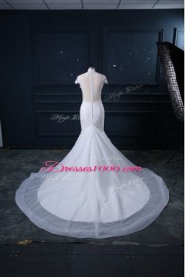 White High-neck Clasp Handle Lace Bridal Gown Court Train Cap Sleeves