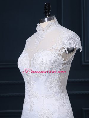 White High-neck Clasp Handle Lace Bridal Gown Court Train Cap Sleeves