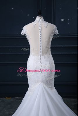 White High-neck Clasp Handle Lace Bridal Gown Court Train Cap Sleeves
