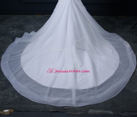 White High-neck Clasp Handle Lace Bridal Gown Court Train Cap Sleeves