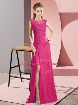 Hot Pink Sleeveless Chiffon Zipper Prom Dress for Prom and Party and Military Ball