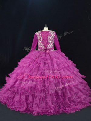 Clearance Purple Long Sleeves Beading and Ruffled Layers Floor Length Quinceanera Dresses