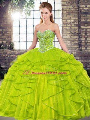 Tulle Sweetheart Sleeveless Lace Up Beading and Ruffles Quinceanera Gowns in Olive Green