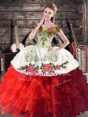 Unique White And Red Off The Shoulder Neckline Embroidery and Ruffles Sweet 16 Quinceanera Dress Sleeveless Lace Up