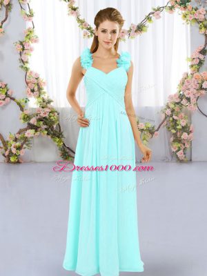 Hand Made Flower Bridesmaid Dresses Aqua Blue Lace Up Sleeveless Floor Length