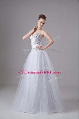 Great A-line Wedding Gowns White Sweetheart Tulle Sleeveless Floor Length Lace Up