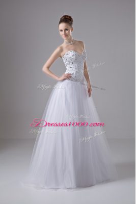 Great A-line Wedding Gowns White Sweetheart Tulle Sleeveless Floor Length Lace Up