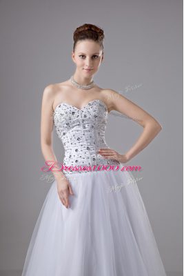 Great A-line Wedding Gowns White Sweetheart Tulle Sleeveless Floor Length Lace Up