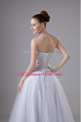 Great A-line Wedding Gowns White Sweetheart Tulle Sleeveless Floor Length Lace Up