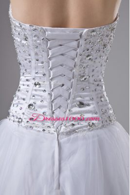 Great A-line Wedding Gowns White Sweetheart Tulle Sleeveless Floor Length Lace Up