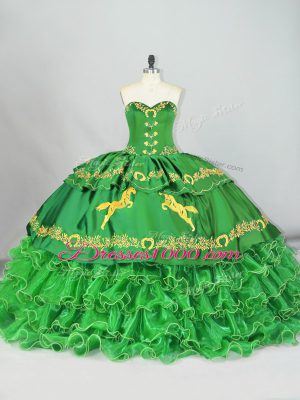 Sweetheart Sleeveless Quinceanera Dresses Brush Train Embroidery and Ruffled Layers Green Satin and Organza