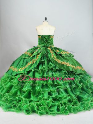 Sweetheart Sleeveless Quinceanera Dresses Brush Train Embroidery and Ruffled Layers Green Satin and Organza