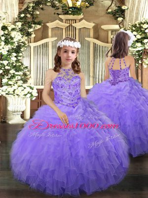 Lavender Ball Gowns Halter Top Sleeveless Tulle Floor Length Lace Up Beading and Ruffles Pageant Dress for Teens