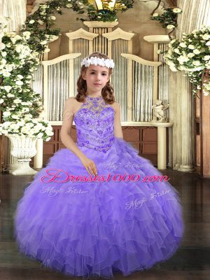 Lavender Ball Gowns Halter Top Sleeveless Tulle Floor Length Lace Up Beading and Ruffles Pageant Dress for Teens