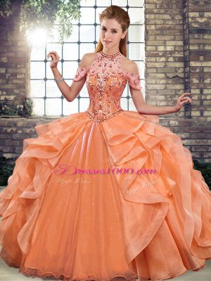 Fantastic Organza Halter Top Sleeveless Lace Up Beading and Ruffles Sweet 16 Quinceanera Dress in Orange