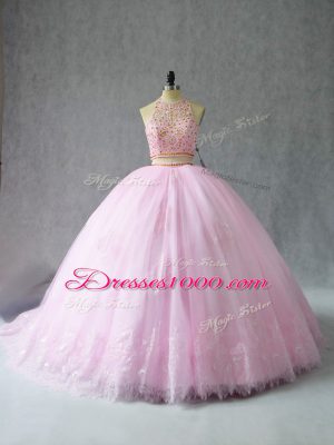 Excellent Baby Pink Sweet 16 Quinceanera Dress Halter Top Sleeveless Court Train Zipper