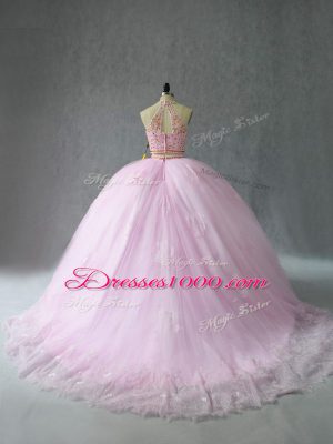 Excellent Baby Pink Sweet 16 Quinceanera Dress Halter Top Sleeveless Court Train Zipper