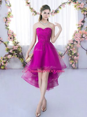 High Class Sweetheart Sleeveless Lace Up Bridesmaids Dress Fuchsia Tulle