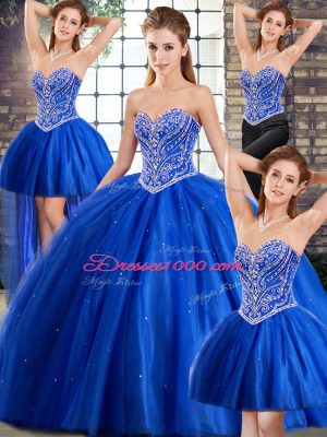 Traditional Blue Ball Gowns Beading 15th Birthday Dress Lace Up Tulle Sleeveless