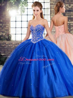 Traditional Blue Ball Gowns Beading 15th Birthday Dress Lace Up Tulle Sleeveless