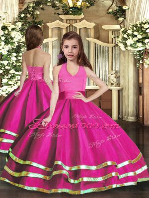 Eye-catching Fuchsia Pageant Gowns For Girls Party and Wedding Party with Ruffled Layers Halter Top Sleeveless Lace Up