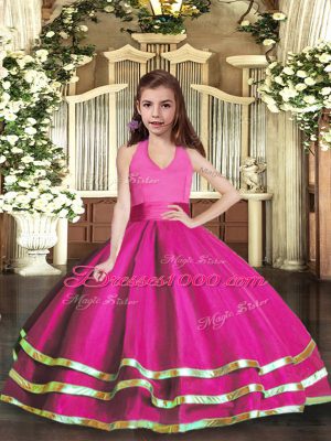 Eye-catching Fuchsia Pageant Gowns For Girls Party and Wedding Party with Ruffled Layers Halter Top Sleeveless Lace Up