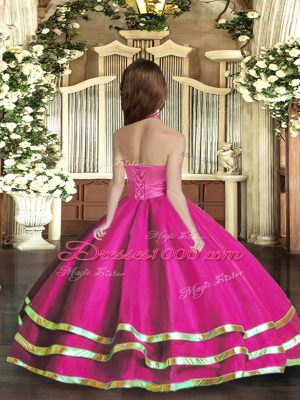 Eye-catching Fuchsia Pageant Gowns For Girls Party and Wedding Party with Ruffled Layers Halter Top Sleeveless Lace Up