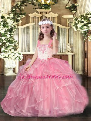 Cheap Pink Ball Gowns Straps Sleeveless Organza Floor Length Lace Up Beading and Ruffles Party Dress for Girls