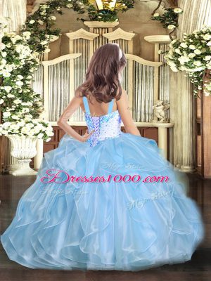 Cheap Pink Ball Gowns Straps Sleeveless Organza Floor Length Lace Up Beading and Ruffles Party Dress for Girls