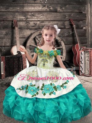 High Class Turquoise Sleeveless Beading and Embroidery and Ruffles Floor Length Kids Pageant Dress