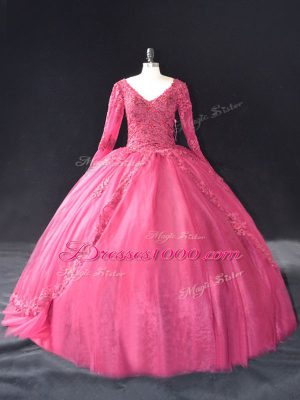 Vintage V-neck Long Sleeves Lace Up Quinceanera Dress Hot Pink Tulle
